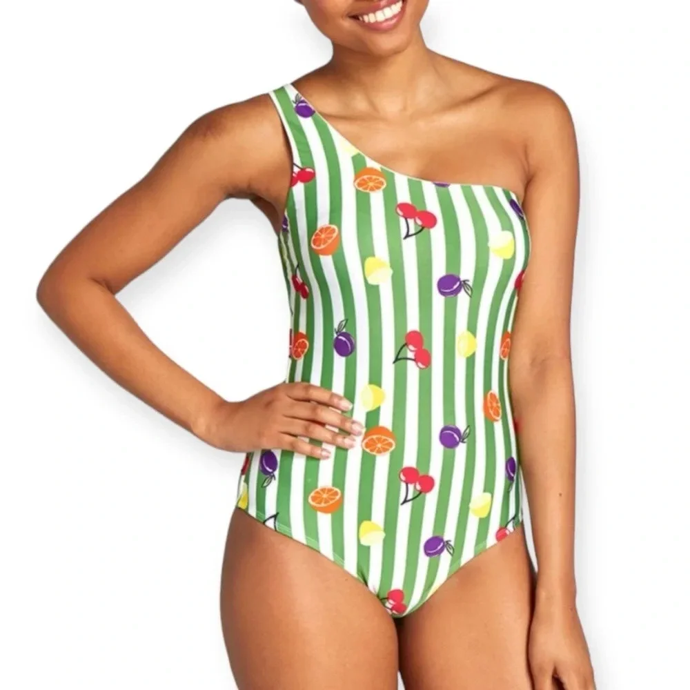ModCloth retro one shoulder fruit stripe one piece swimsuit size Small